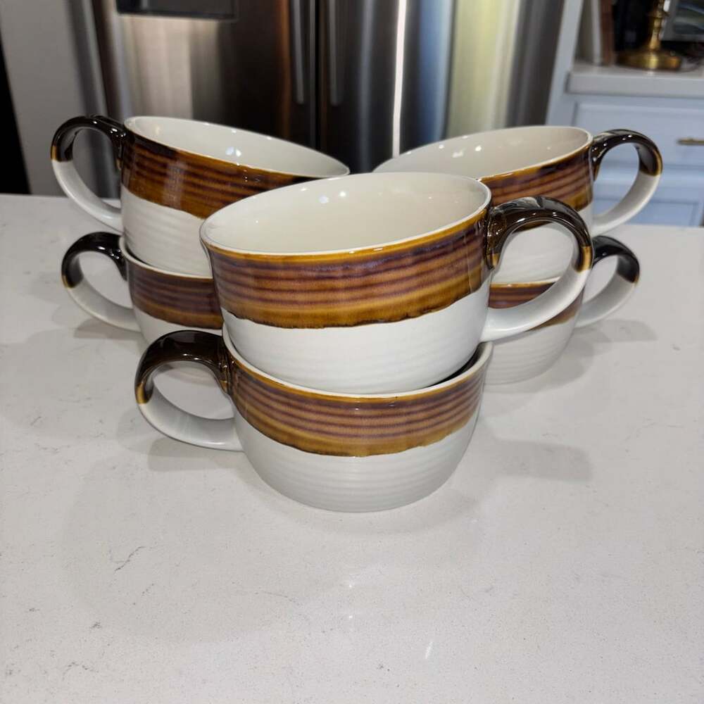 Home Essentials Oversized Soup Mug Set Of 6 Brown White Stoneware